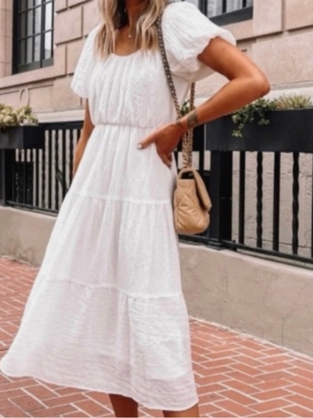 Astr White Puff-Sleeve Tiered Midi Dress
